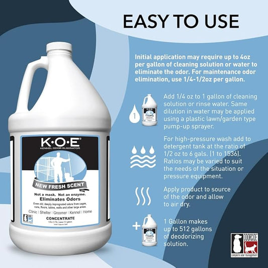 K.O.E. Fresh Scent Odor Eliminator Concentrate for Kennels, Cages, Floors & More - Non-Enzymatic Pet Odor Solution for Home & Dog Kennel - Home & Pet Supplies (1 Gal)