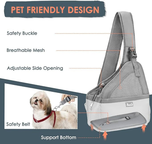 Lukovee Dog Slings for Small Dogs, Hard Bottom Support & Adjustable Soft Padded Shoudler Strap Dog Sling Carrier, Dog Purse with Button Closure & Zipper Pockets (for Pets 6-12 lbs, Grey)