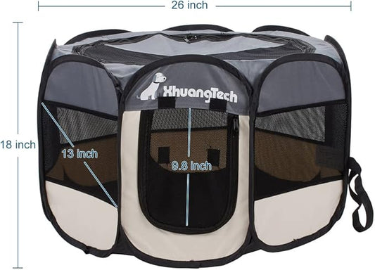 Foldable Pet Dog Playpen, Pop Up Portable Cat Playpen, Indoor/Outdoor for Kitten Puppy Play Pen, Cats Crate Cage Tent with Carrying Bag, 600D Oxford (Grey + Beige, Small (26"x26"x18"), 8)