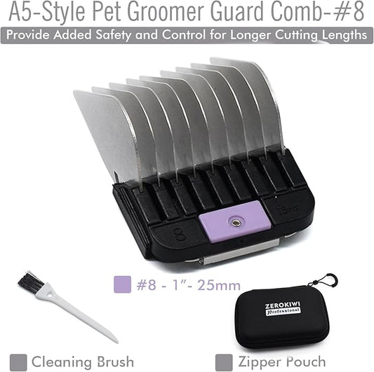 Professional A5 Style Animal Clipper Stainless Steel Color-Coded Snap-on Attachment Guard Guide Comb, 1/8"-1" Compatible with Wahl KM Series Oster A5 Andis Detachable Blade Pet Groomers (#8 - 1")