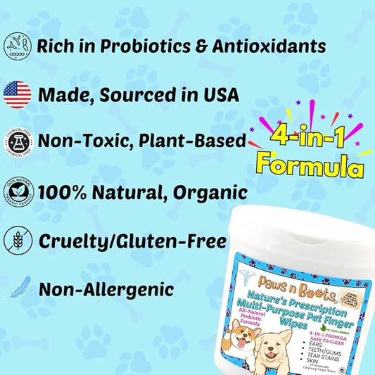 Pet Wipes - Multi-Purpose Finger Wipes to Cleanse Ears, Freshen Breath, Whiten Teeth, Soothe Skin and Tear Stain Removal. Pre-Formulated with 100% Natural, Plant-Based, Safe, & Beneficial Ingredients.