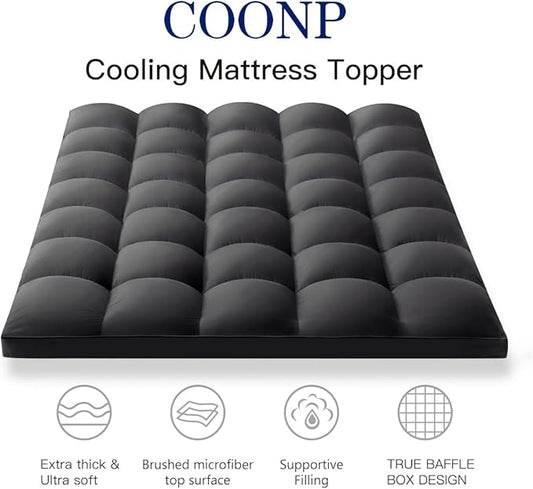 COONP Queen Mattress Topper, Extra Thick Pillowtop, Cooling Plush Mattress Pad Cover Bed Topper Protector with 8-21 Inch Deep Pocket (Black, Queen)