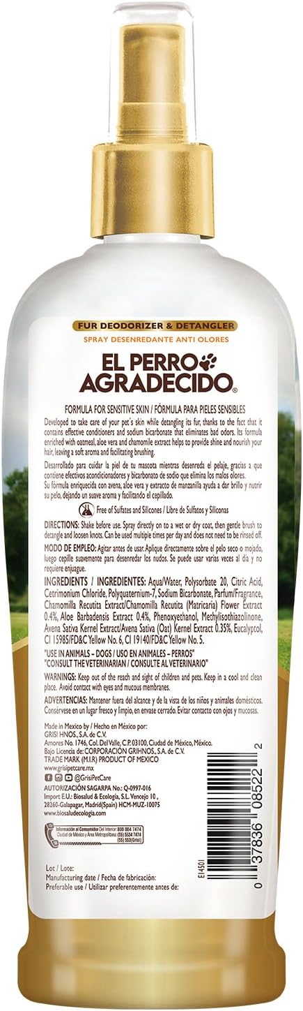 Perro Agradecido Anti Odor Spray®, Grooming Spray for Dogs, Sensitive Skin, Eliminates Odor, Shiny Coat, Easy Dog Brushing, Natural Ingredients, 2-Pack, 8.4 Fl Oz Each, 2 Spray Bottles
