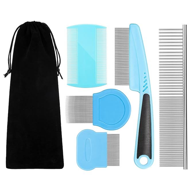 Flea Comb For Dogs & Cats Pet Comb Grooming Set 5 Pieces Metal Teeth Durable Remove Tear Stain Float Hair Combing tangled hair Dandruff Add Storage Pouch (Blue)