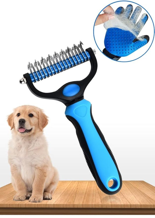Blue Pet Grooming Glove for Right Hand and Deshedding Undercoat Rake Combo,Gentle Scrub Dematting Fur for Cats Dogs,Efficient Pet Hair Remover