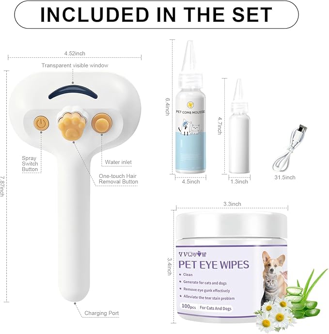 Pet Steam Brush for Dog & Cat – 3-in-1 Spray Hair Removal Comb – Steam Brush for Shedding & Grooming –Spritz Defur Comb–Includes Waterless Shampoo & Eye Wipes