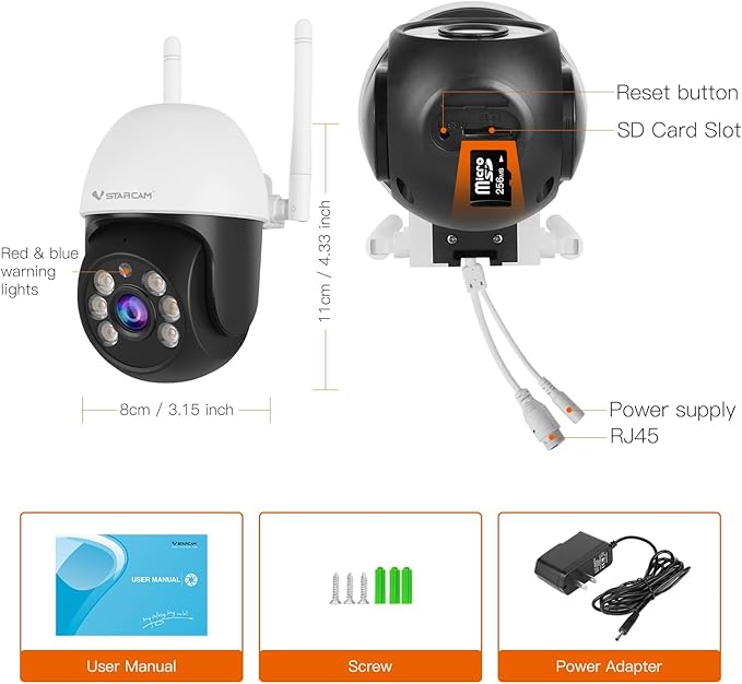 VSTARCAM 3MP Wired Security Camera Outdoor, 0.8 Inch 2.4G WiFi PTZ Dome Home Surveillance Camera with Motion Detection, 2-Way Audio, Color Night Vision, Weatherproof 01