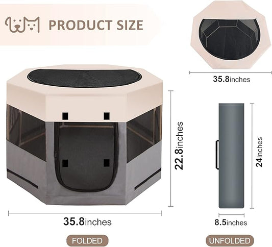 Pet Playpen with Zipper Top, Carrying Case, and Bowl - Foldable Pet Crate 35'' x 35'' x 22'' - Portable Pet Pens Ideal for Outdoor and Indoor Use