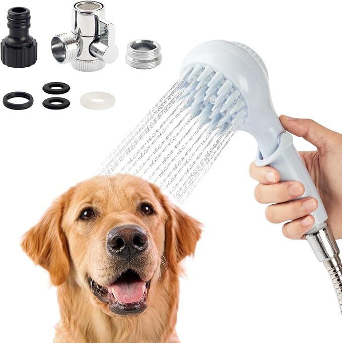 Dog Shower Head with Brush โ 3-in-1 Pet Grooming Tool with Shampoo Dispenser & Stainless Steel Hose โ Indoor/Outdoor Use โ Compatible with ยผโ Faucet & ยพโ Hose Adapter