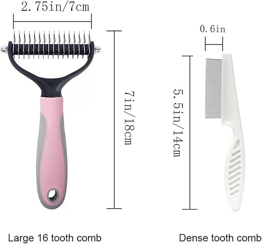 Pet Grooming Tool: Double Sided Undercoat Rake Comb for Deshedding and Dematting Dogs and Cats, Flea Comb Set (Pink/16 tooth)