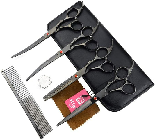LILYS PET Professional PET DOG Grooming Coated Titanium scissors suit Cutting&Curved&Thinning shears (7.0 inches, Black)…