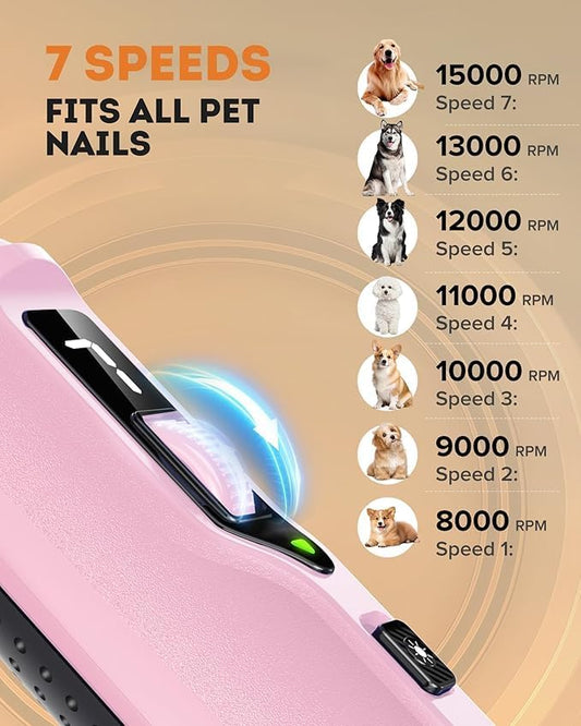 YABIFE 7-Speed Pet Nail Grinder with Light – Heavy Duty, Whisper Quiet Nail Trimmer for Dogs, Cats, Birds & Small Animals – Single-Handed Operation