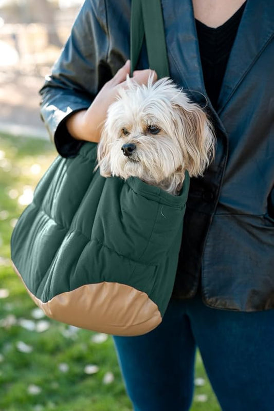 RuffLife Cozy Plush Pet Carrier Purse - Secure Harness Clip, Lightweight Tote Design for Small Dogs and Puppies (Green)