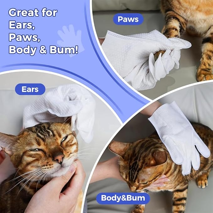 TIBLACK Pet Bathing Wipes for Dogs & Cats, Cleaning & Deodorizing Grooming Gloves, Nourish Fur Glove Wipes for Daily Care and Traveling, Rinse Free,7 PCS (Bluebell Gloves)