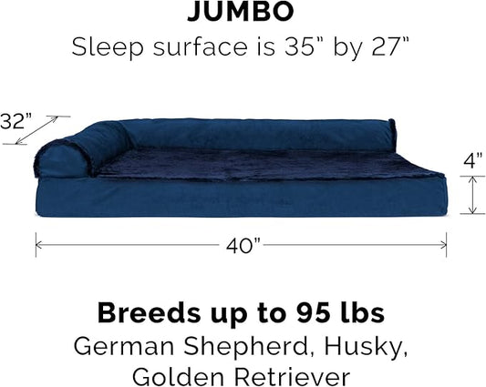 Furhaven Memory Foam Dog Bed for Large Dogs w/ Removable Bolsters & Washable Cover, For Dogs Up to 95 lbs - Plush & Velvet L Shaped Chaise - Deep Sapphire, Jumbo/XL