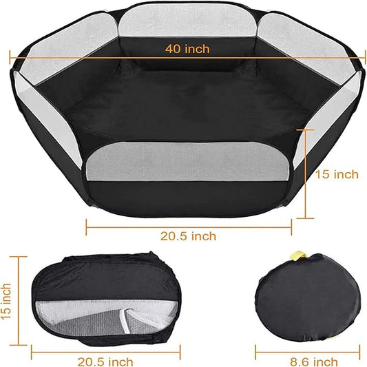 Small Animal Playpen,Portable Small Animal Cage Tent Breathable Pet Playpen Cage Tent Pop-Up Outdoor&Indoor Exercise Fence for Hamster Guinea Pig Rabbit Puppy Hedgehog (Black no Cover)