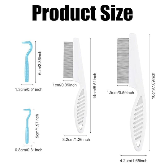 2pcs Pet Combs & 2pcs Tick Removal Tool, Fine-Tooth Flea Comb Tear Stain Removal Multifunctional Magic Pet Hair Cleaning Grooming Tools with Stainless Steel Teeth for Cats and Dogs