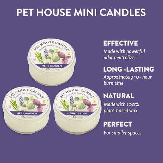 Pet House Mini Candles for Pet Odor Made with Natural Soy Wax, Plant Based, Dog and Cat Friendly Scented, Herb Garden Pack of 3