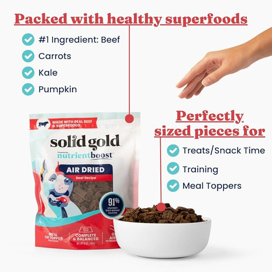 Solid Gold Air Dried Dog Food Toppers for Picky Eaters - Healthy Dog Treats Made with Real Beef to Serve as Meal Topper or Dog Treat - Supports Muscle Growth, Immunity, and Healthy Digestion - 2 LB