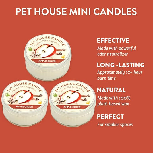 One Fur All Apple Cider Pet Odor Eliminating Mini Candle - 3 Pack - Natural Wax, Non-Toxic, Scented, 8-10 Hours Burn Time - Made in USA or Imported