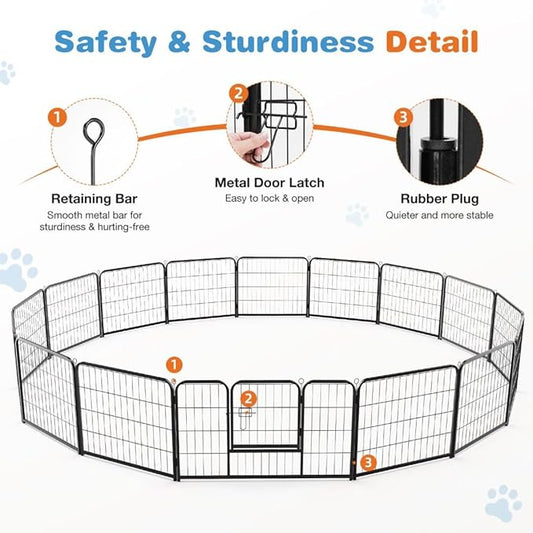 Dog Playpen, 16 Panel 24” Height Puppy Fence Exercise Pen for Yard Gate, Indoor Outdoor Heavy Duty Anti-Rust Metal Playpens with Doors Portable for RV Camping - Small/Medium/Large Pets