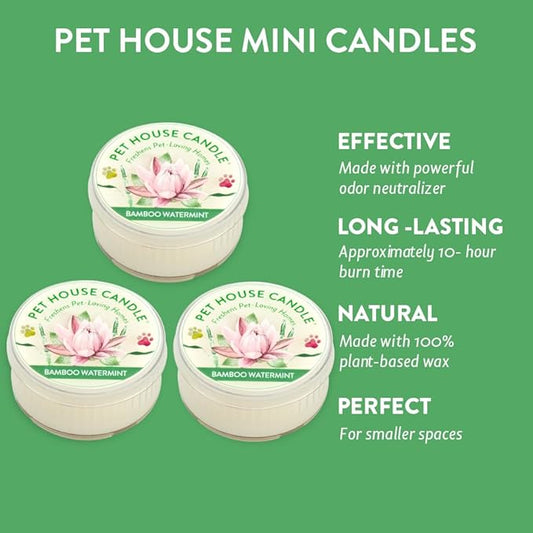 One Fur All Pet House Mini Candles for Pet Odor Made with Natural Soy Wax, Plant Based, Dog and Cat Friendly Scented Candles, Bamboo Watermint Pack of 3