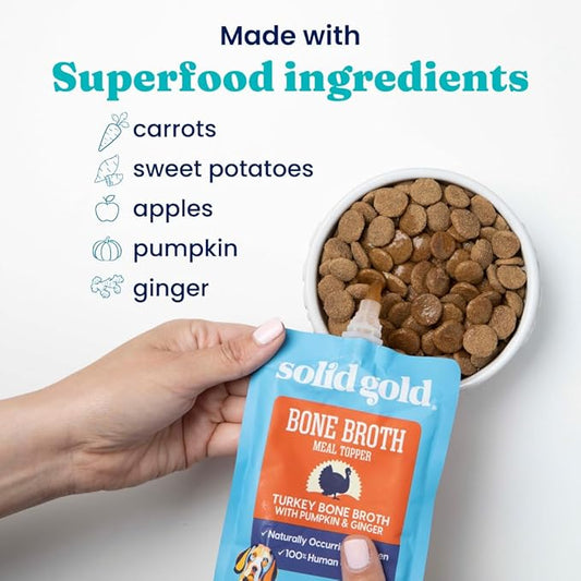 Solid Gold Turkey Bone Broth for Dogs - Grain Free Dog Food Topper Rich in Collagen and Superfoods - Nutrient Dense Dog Gravy Topper for Dry Food - Promotes Gut Health and Hydration - 12 Pack