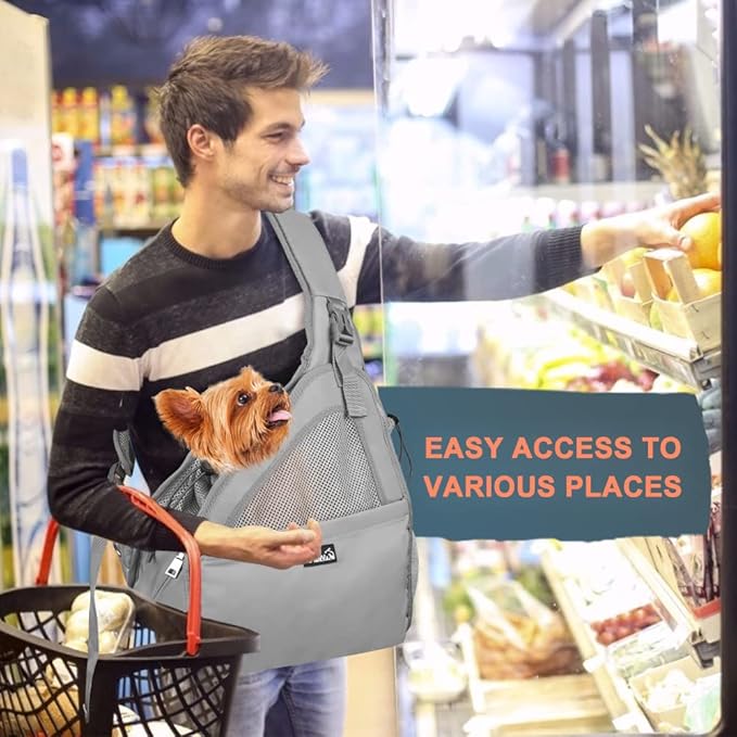 Lukovee Dog Slings for Small Dogs, Hard Bottom Support & Adjustable Soft Padded Shoudler Strap Dog Sling Carrier, Dog Purse with Button Closure & Zipper Pockets (for Pets up to 6 lbs, Grey)