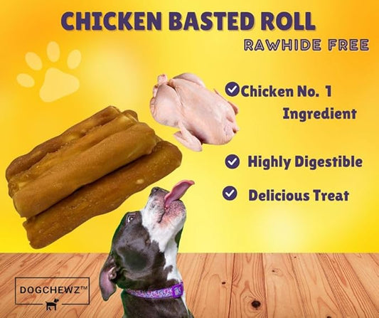 DOGCHEWZ™ Rawhide Free Basted Roll Chicken Wrapped Dog Chew Treats | Size 5 Inch (8 Count/Bag) - Gluten Free