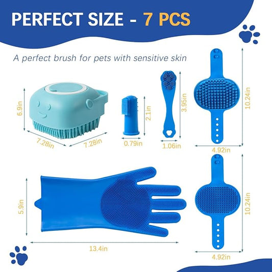 7-in-1 Pet Grooming Kit Dog Washing Gloves and Bath Brush Cat Shampoo Brush & Dog Toothbrush with Silicone Massage Bristles & Bubbler (Blue)