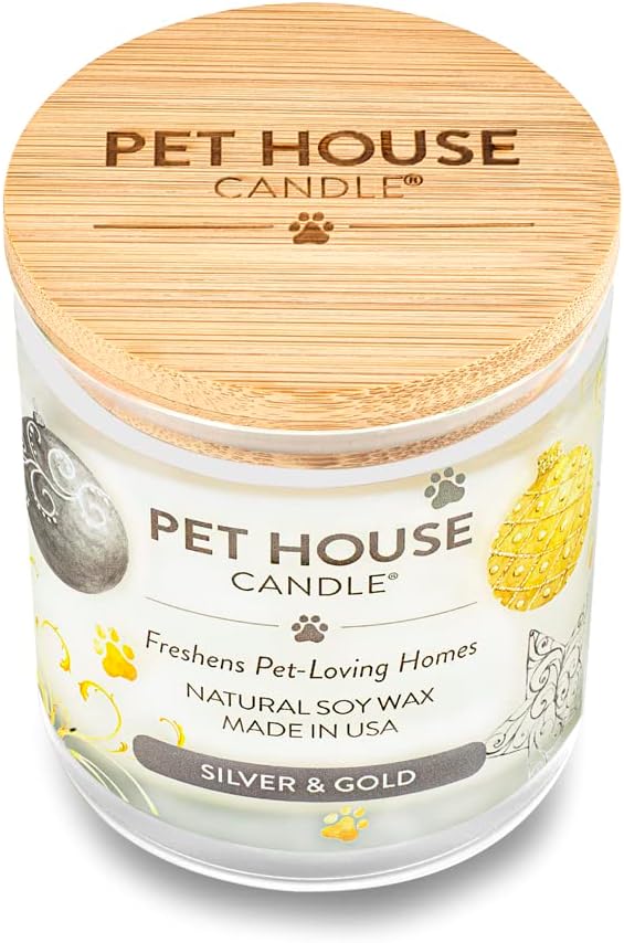 Pet House Candles for Pet Odor Natural, Plant-Based Soy Candle, Clean Burning, Long Lasting, Pet Friendly Candle for Home, Silver & Gold