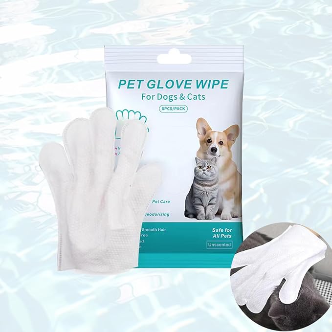Pet Bathing Wipes for Dogs & Cats, Cleaning & Deodorizing Grooming Gloves, Nourish Fur Glove Wipes for Daily Care and Traveling, Rinse Free,6 PCS, white