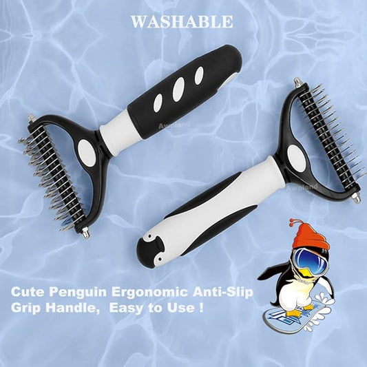 Penguin Pet Hair Brush - Double Sided Sheddind, Dematting Undercoat Rake for Dogs and Cats, 17+9 Teeth Deshedding Brush for Detangling and Dematting Long, Matted Fur on Cats and Dogs