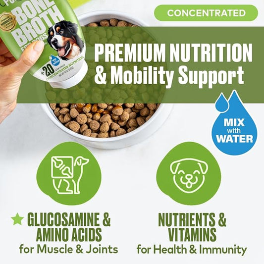 Mobility Support Beef Bone Broth for Dogs | Hip & Joint Support for Dogs | Glucosamine & Amino Acid Boosted | Human Grade Ingredients | Just add Water | Made in USA, 12 oz, 2 Pack