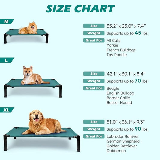 Cooling Elevated Dog Bed, Raised Dog Bed with Washable Breathable Mesh and Metal Frame, Portable Dog Cot Bed with No-Slip Feet for Outdoor and Indoor Use