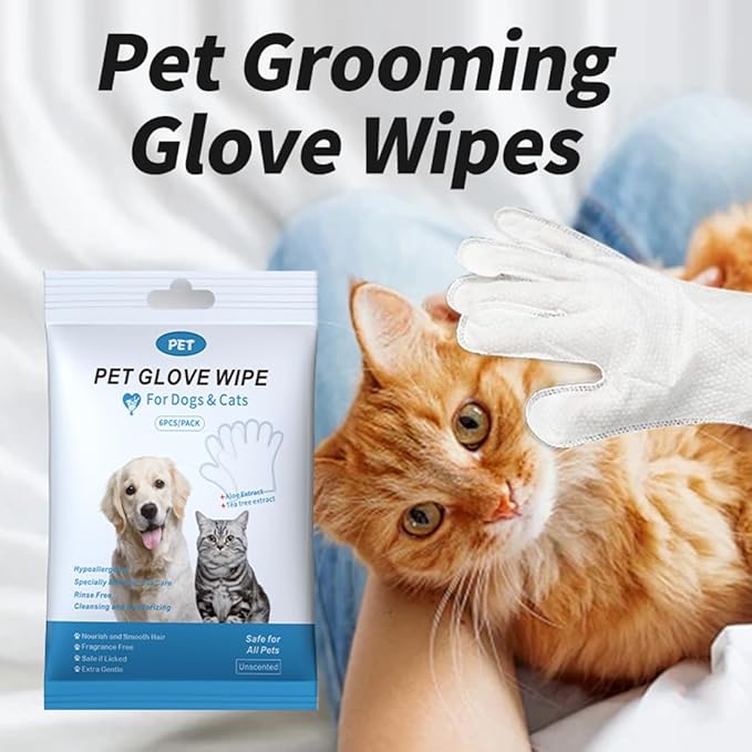 Pet Grooming Glove Wipes, Pet Bathing Wipes, PET Cleaning Deodorizing Bathing Wipes for Dogs & Cats, Cleaning Gloves for Dog and Cats, Pet Bathing Gloves Wipes for Daily Care and Traveling,6 PCS