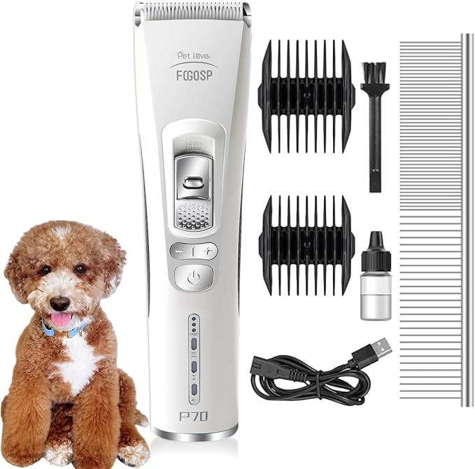 Dog Clippers for Grooming with 1 Dog Grooming Comb 3-Speed Low Noise Powerful Rechargeable Cordless Pet Grooming Trimmers for Small & Large Dogs Cats Pets with Thick & Heavy Coats