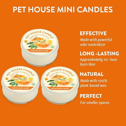 One Fur All Pet House Mini Candle - Mandarin Sage 3 Pack - Pet Odor Eliminator Mini Candle - Natural Wax Candle - Mini Candle Set - Pet-Friendly Non-Toxic Scented Candle