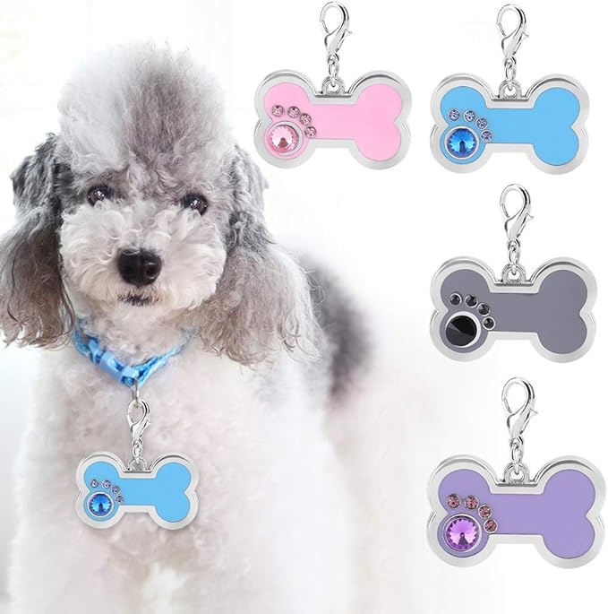 KUIDAMOS 4 Colors Cute Pet Zinc Alloy Tag, Bone Shape with Rhinestones Decor, Personalized for Dogs and Cats, Also as A Keychain()