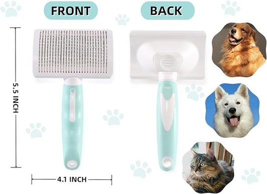 Dog Self-Cleaning Slicker Brush with One Button Fur Removal and Coated Tips Deshedding Brush for Long Hair Dogs and Cats for Shedding Massaging Grooming Green