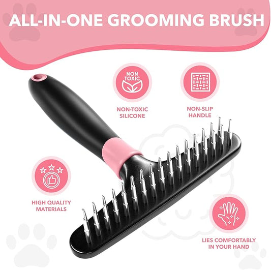 Dog rake deshedding dematting Brush Comb - Undercoat rake for Dogs, Cats, matted, Short,Long Hair Coats - Brush for Shedding, Double Row Stainless Steel pins - Reduce Shedding by 90% (Pink)
