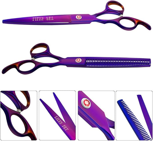 LILYS PET Professional PET DOG Grooming Coated Titanium scissors suit Cutting&Curved&Thinning shears (7.5 inches, Purple)…