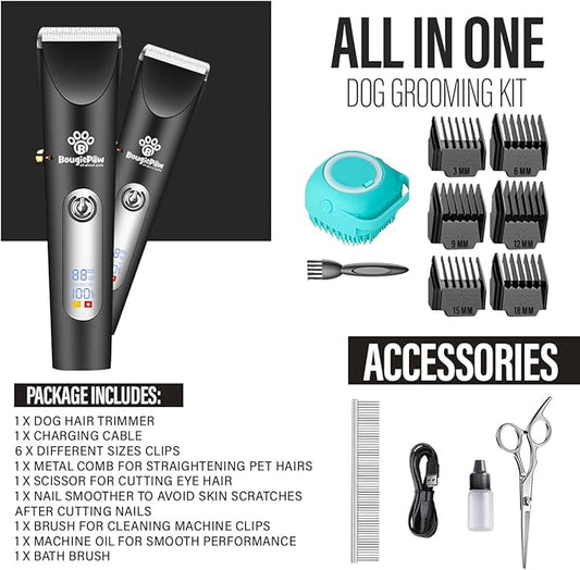 Grooming Kit for Dogs at Home - Rechargeable Low Noise Cat & Dog Clippers for Grooming Thick Hair - Cordless Grooming Clippers Includes Pet Hair Clippers, Nail Trimmer, Shears & Bath Brush