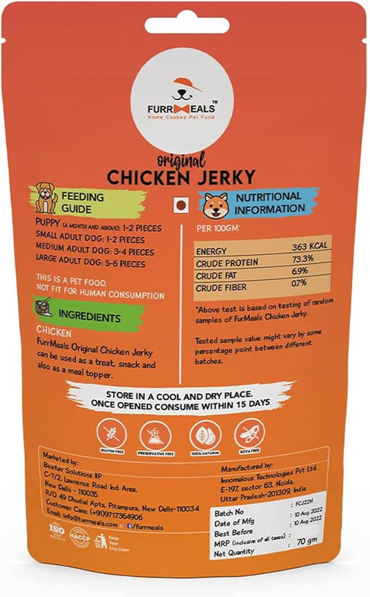 Original Chicken Jerky | High Protein Low Fat | Natural Treat for Dogs & Cats | Zero Preservative Human Grade Dog Treat | Pack of 5 x 70gm