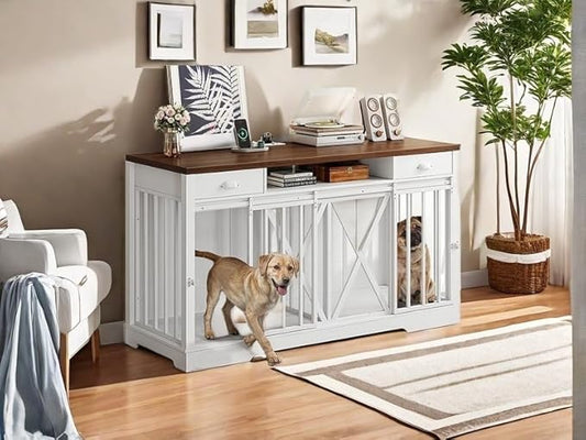 YITAHOME 63 Inch Double Dog Crate TV Stand with Charging Station, Heavy Duty Wooden Dog Crate Furniture for 2 Dogs, Dog Kennel Indoor Furniture Double Sliding Barn Door Design Ideal for 2 Dogs, White