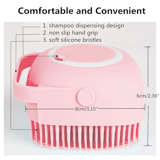 Portable Dog Bath Brush - Pet Massage Brush Shampoo Dispenser, Soft Silicone Brush Rubber Bristle for Dogs and Cats Shower Grooming (Pink)