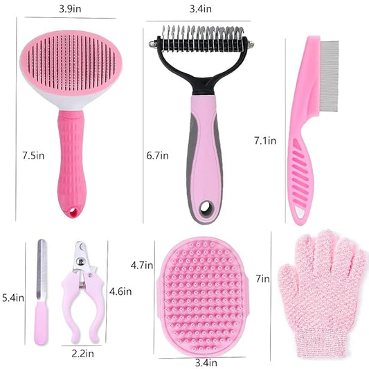 7 PCS Dog Grooming Kits,Pet Shedding Brush,Pet Self-Cleaning Brush with Pet Nail Clipper, Flea Comb and Shampoo Bath Brush