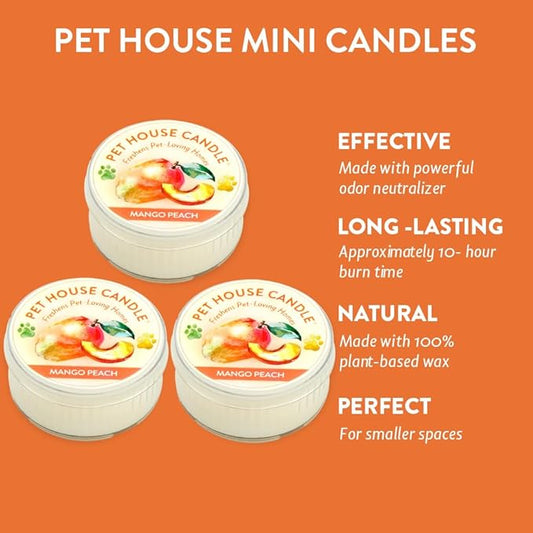 One Fur All Pet House Mini Candles for Pet Odor Made with Natural Soy Wax, Plant Based, Dog and Cat Friendly Scented Candles, Mango Peach Pack of 3
