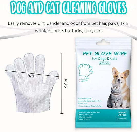 Dog and Cat Cleaning Gloves, Cleaning and Deodorizing Grooming Gloves, Dog and Cat Fur Face, Ears, Eyes, Paws Cleaner, Pet Grooming Wipes, Nourishing Fur, for Daily Care and Travel, No Rinse (6 Pcs)