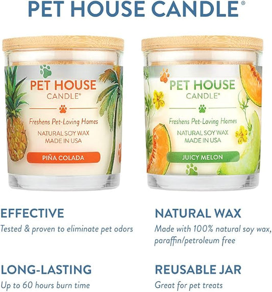 Pet House 9 oz Pina Colada and Juicy Melon Scented Pet Odor Candle, Clean Burning, Long Lasting, Plant Based Spring, Summer Scented Soy Candles, 60 Hour Burn Time, Pack of 2